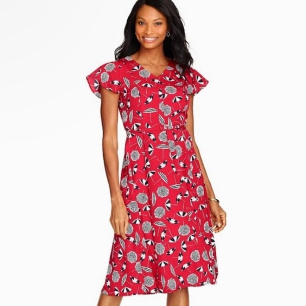 Talbots 14P Red Beach Umbrella Print V Neck Short Sleeve Fit Flare Midi Dress
